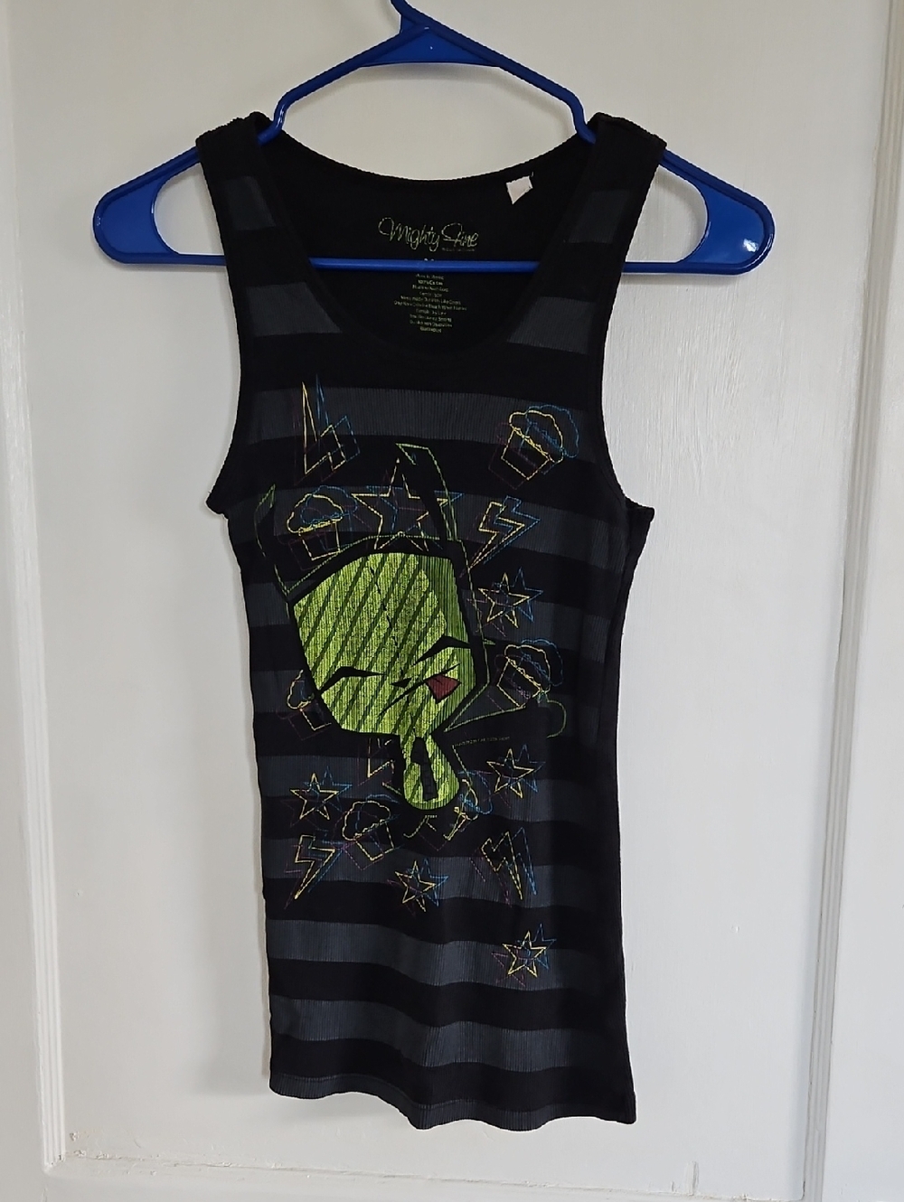 Mighty Fine Invader Zim Gir Black And Gray Stripped Tank Top